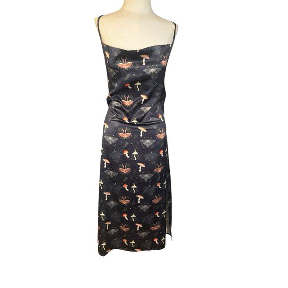 Disturbia Medeina Print Cowl Neck Satin Slip Dress S Fairy Mushroom Moth Cottage - Picture 3 of 13